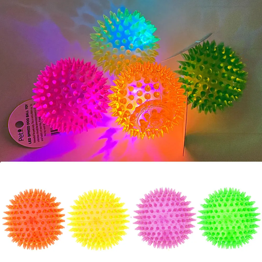 4 PC LED Spike Dog Balls Squeaky Light-up Pet Toys Fetch Chew Puppy Teething Toy