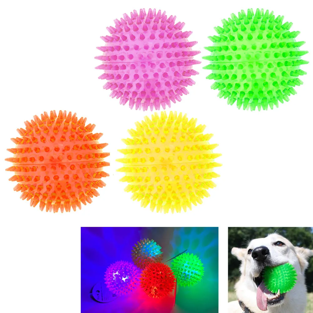4 PC LED Spike Dog Balls Squeaky Light-up Pet Toys Fetch Chew Puppy Teething Toy