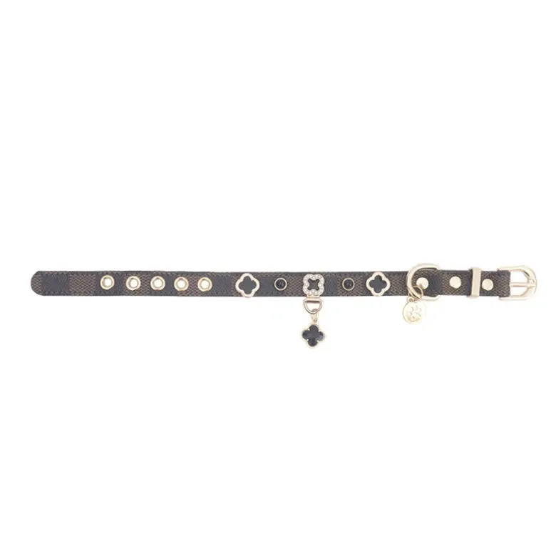 Luxury Adjustable PU Leather Cat and Dog Collar with Lucky Clover Charm
