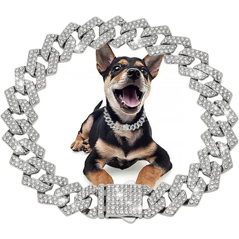 Luxury Bling Dog and Cat Collar - 15MM Cuban Chain with Zirconia Diamonds