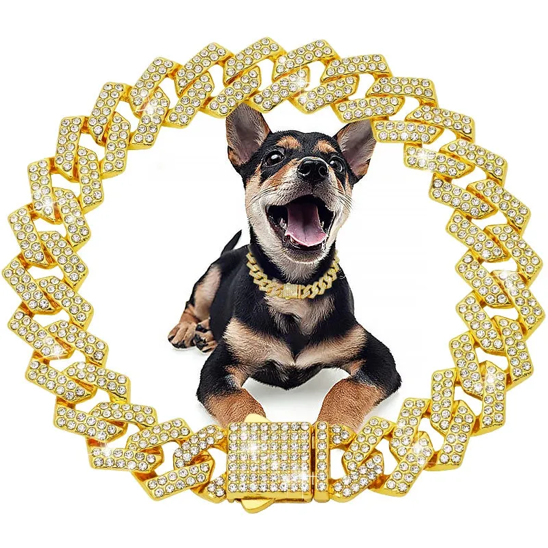 Luxury Bling Dog and Cat Collar - 15MM Cuban Chain with Zirconia Diamonds