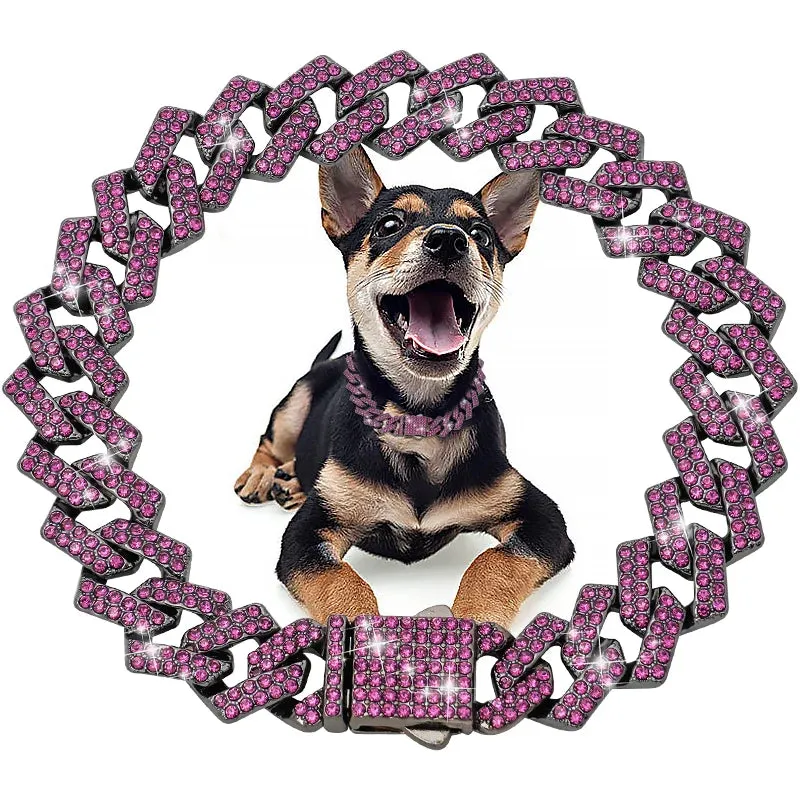 Luxury Bling Dog and Cat Collar - 15MM Cuban Chain with Zirconia Diamonds