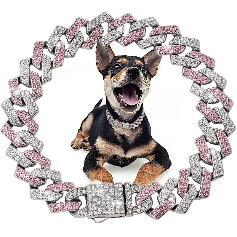 Luxury Bling Dog and Cat Collar - 15MM Cuban Chain with Zirconia Diamonds